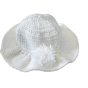 Womens One Size Handmade White Cotton Crochet Pom Pom Boho Clean Girl Bucket Hat